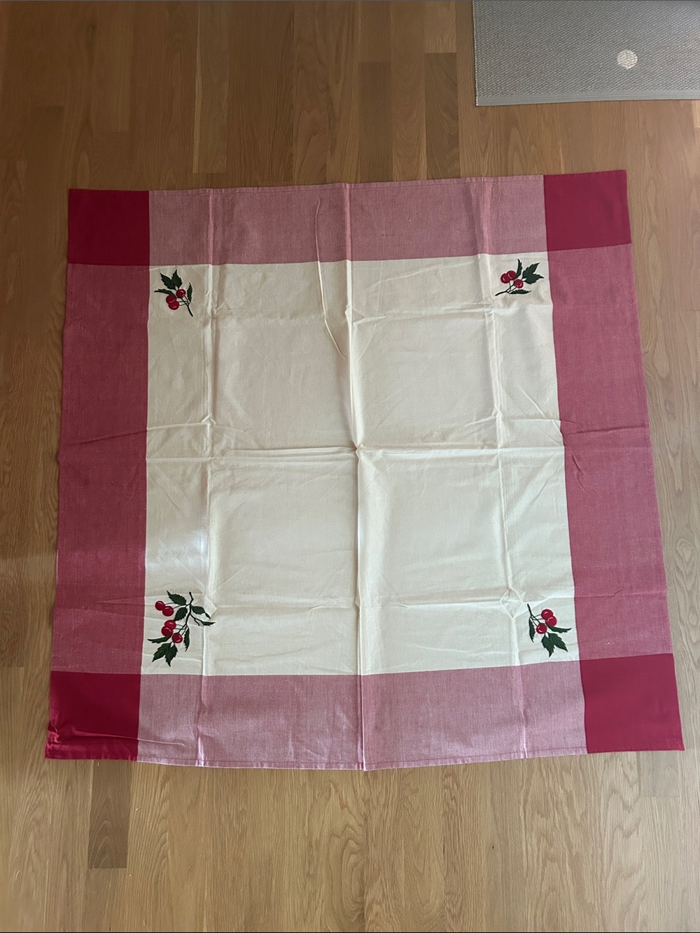 April Cornell Vintage Red and Cream Linen Tablecloth with Embroidered Cherries